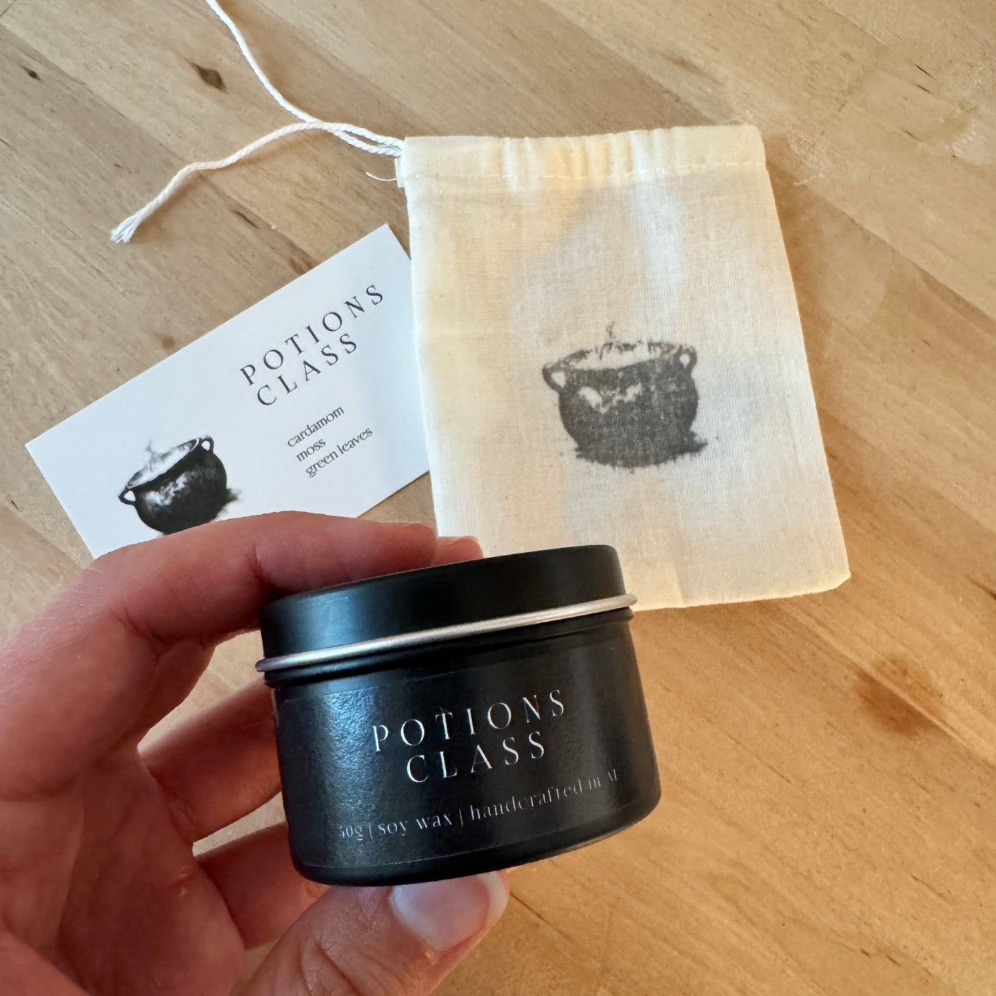 "Potions Class" small tin candle in a custom package, a magical handmade gift for Harry Potter fans and book lovers.