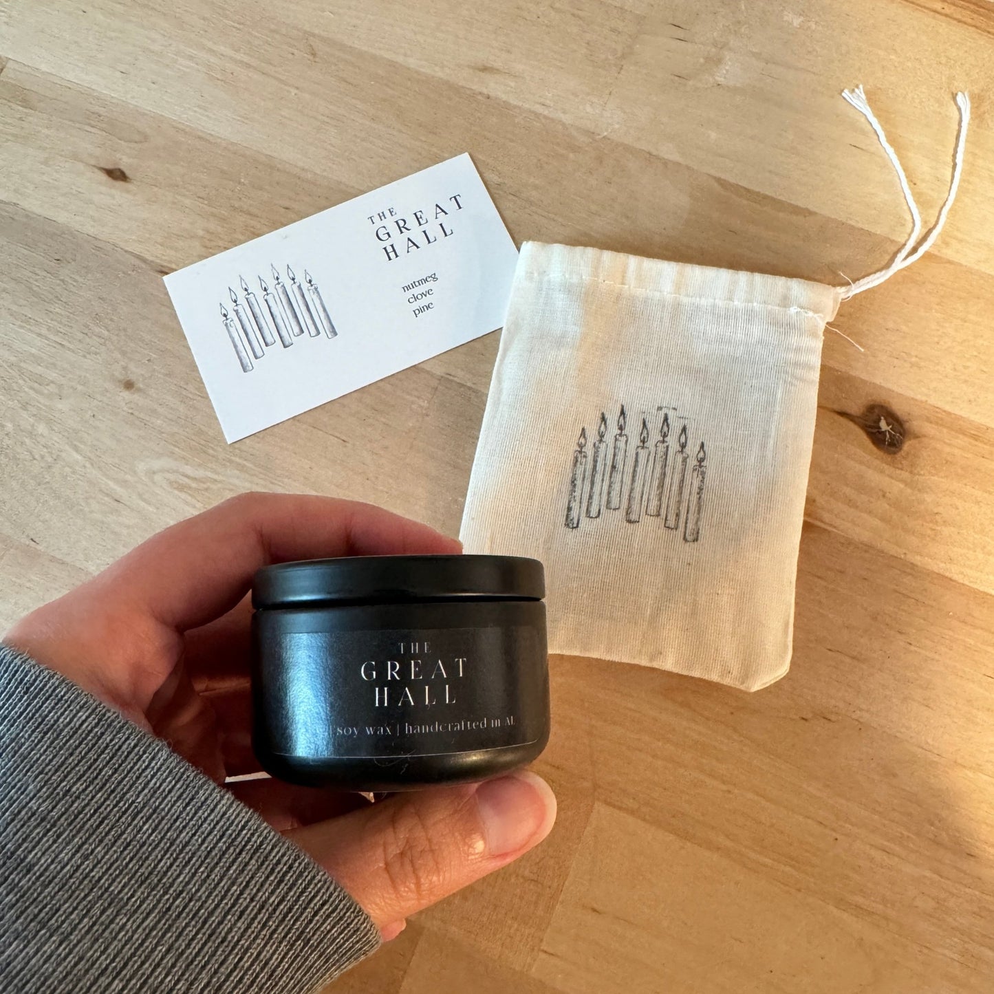 "The Great Hall" small tin candle in a custom package, a magical handmade gift for Harry Potter fans and book lovers.