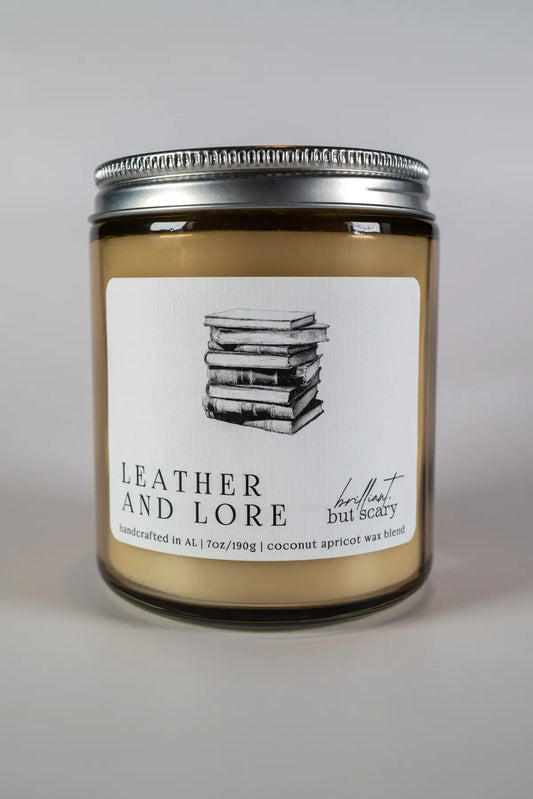 Leather and Lore bookish candle in oatmeal jar - Brilliant but Scary