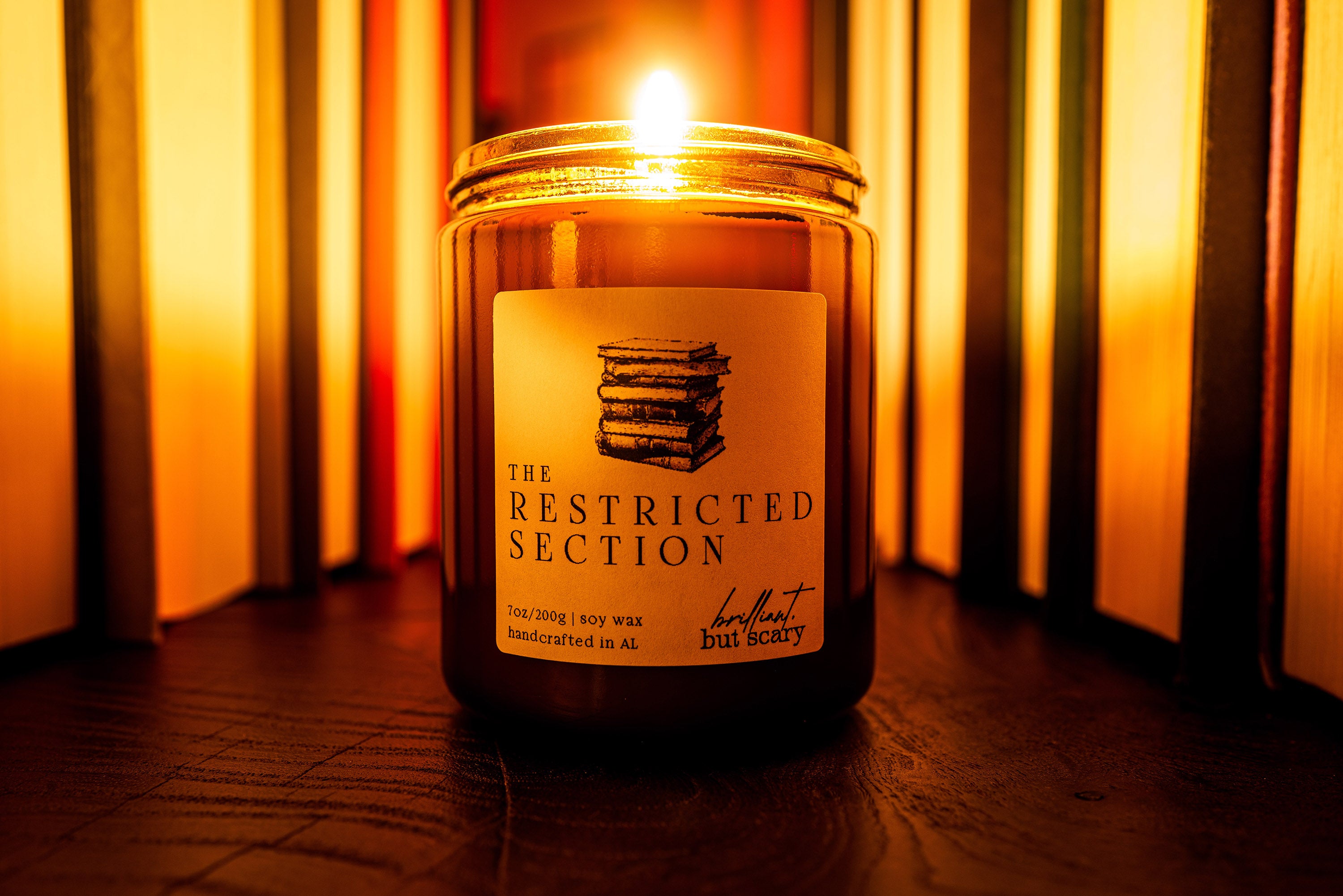 The Restricted Section 7oz. soy wax candle, inspired by the only dangerous area of the library.