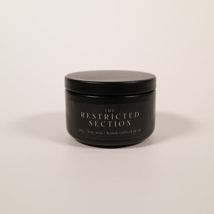“The Restricted Section” small tin candle —  gift for Harry Potter fans and book lovers, inspired by the wizarding world. 