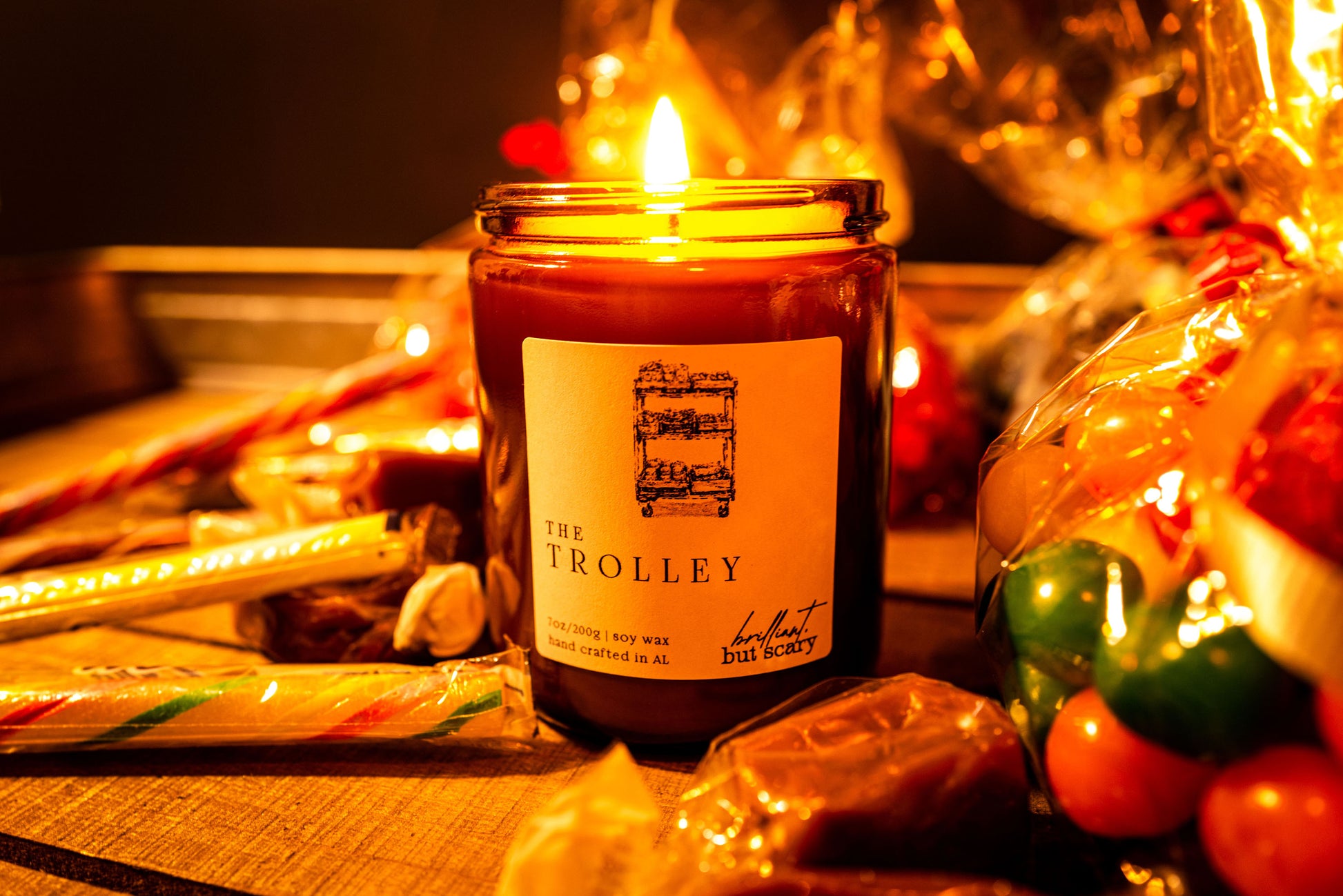 The Trolley 7oz. soy wax candle, inspired by candy and snacks that are purchased on a train.