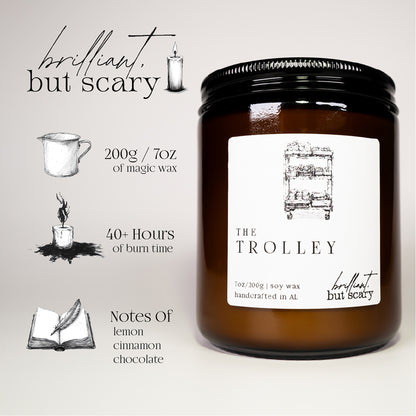 Handcrafted 7oz soy candles with 40+ hours of burn time. The Trolley has notes of lemon, cinnamon, and chocolate.